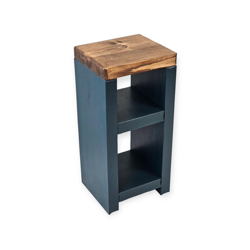 empty wooden bedside table in Hague Blue with dark oak top