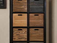 Wooden Kallax crates used for living room storage and organisation