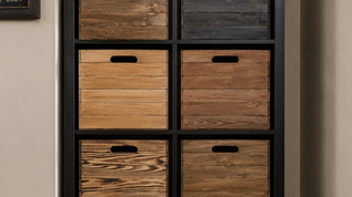 Wooden Kallax crates used for living room storage and organisation