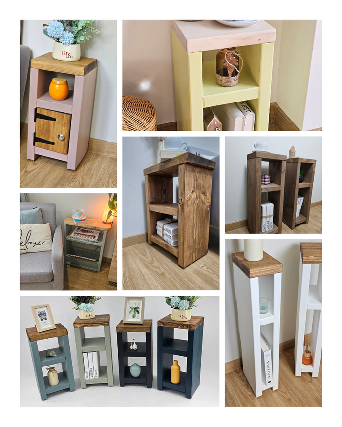 Tall slim wooden side table used for home décor display