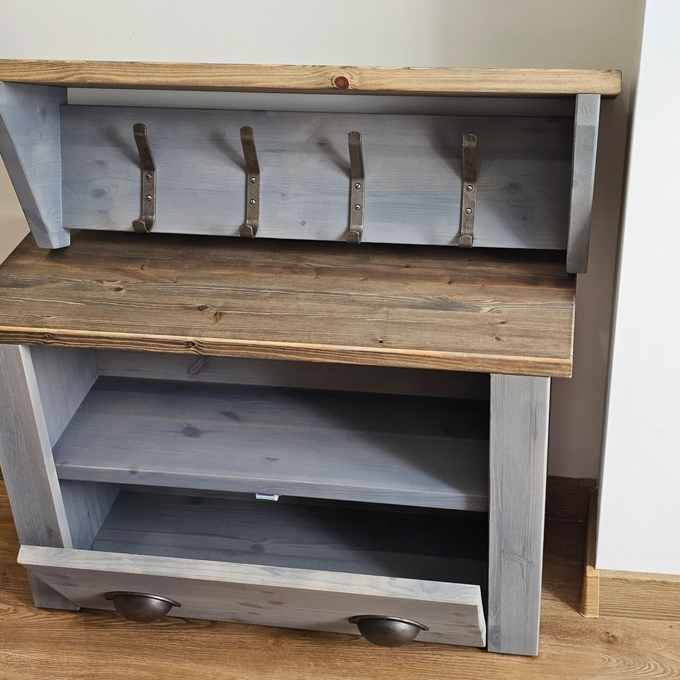 Handmade wooden wall shelf with school hooks