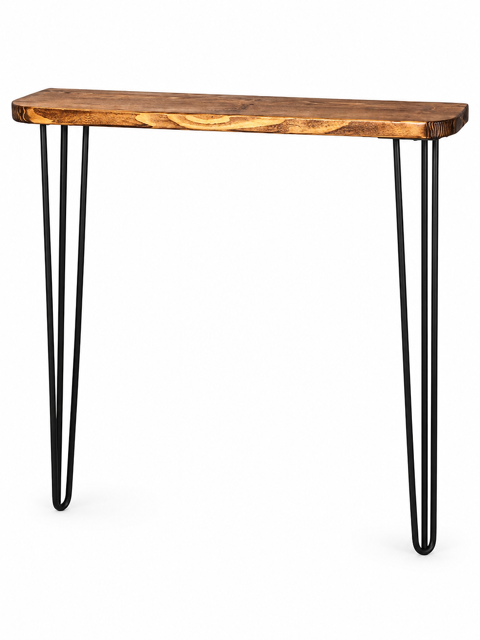 Handmade narrow solid wood console table with hairpin legs.