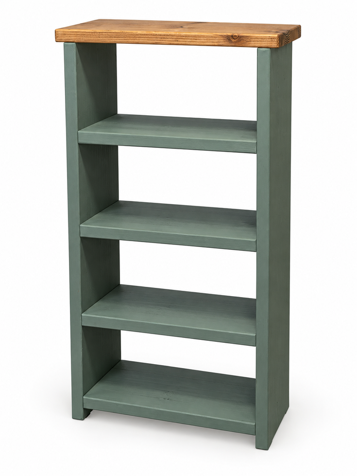Handmade solid wood shelf storage unit in sage green.