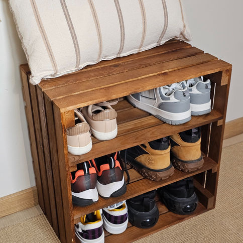 Solid wood crate shoe rack with three shelves, rustic hallway storage unit