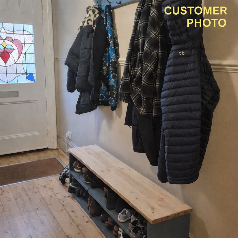 Farmhouse hallway bench with shoe storage shelves