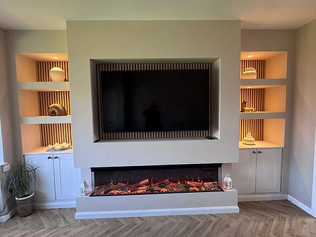 Media wall installed in Wigan, acoustic slat panelling, with the Panoramic Fires 1824mm fire