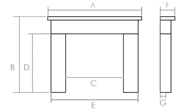 Danesbury 54" Wooden Fireplace Toulouse Cast with cast back size diagram