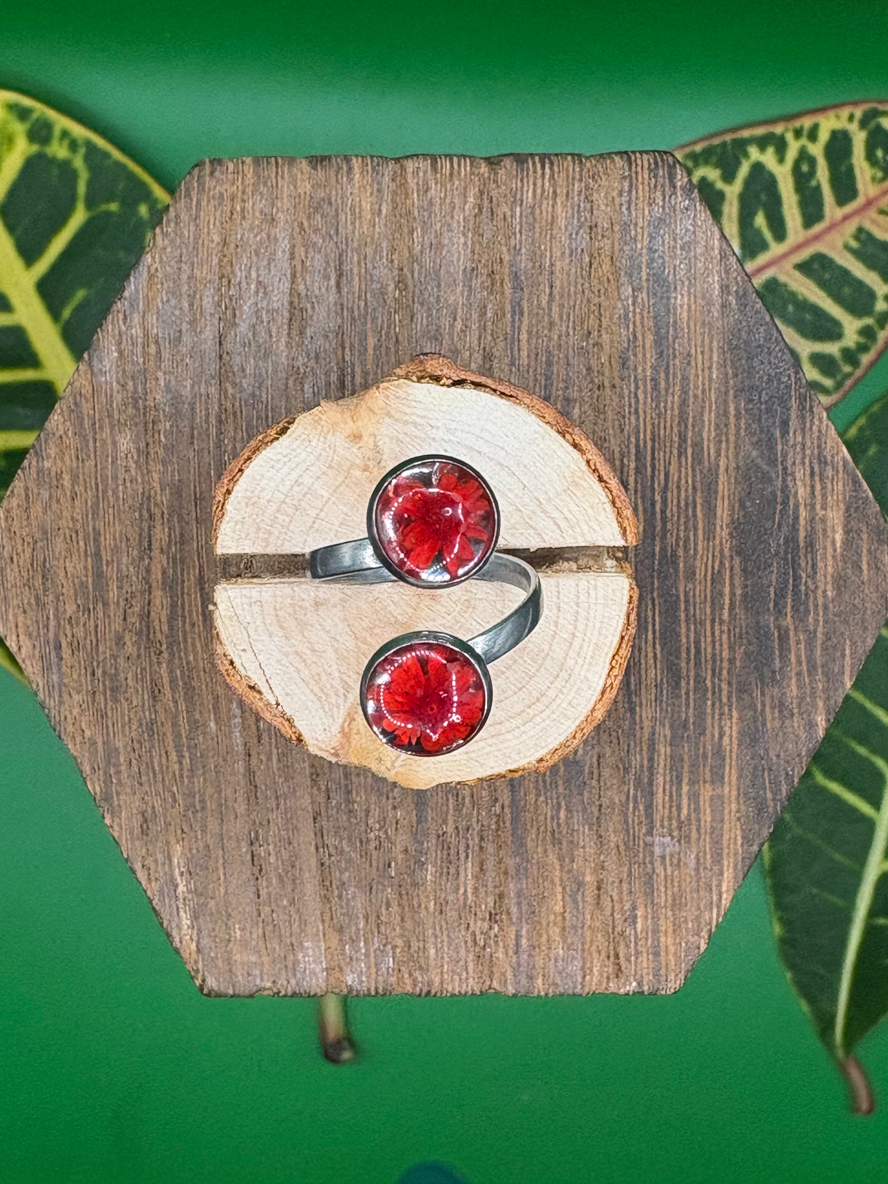 Red Flower Stainless Steel Resin Ring