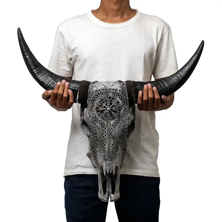 Thumbnail: Hand-Carved Cow Skull Gray Vegvísir
