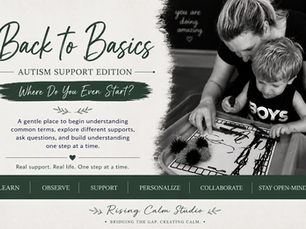 Black-and-white blog cover image featuring a mother helping her young son create art at a sensory table. The graphic includes navy blue accents and the title “Back to Basics: Autism Support Edition – Where Do You Even Start?” The design introduces a gentle autism support series focused on helping families understand therapies, supports, and common autism-related terms in a calm and approachable way.