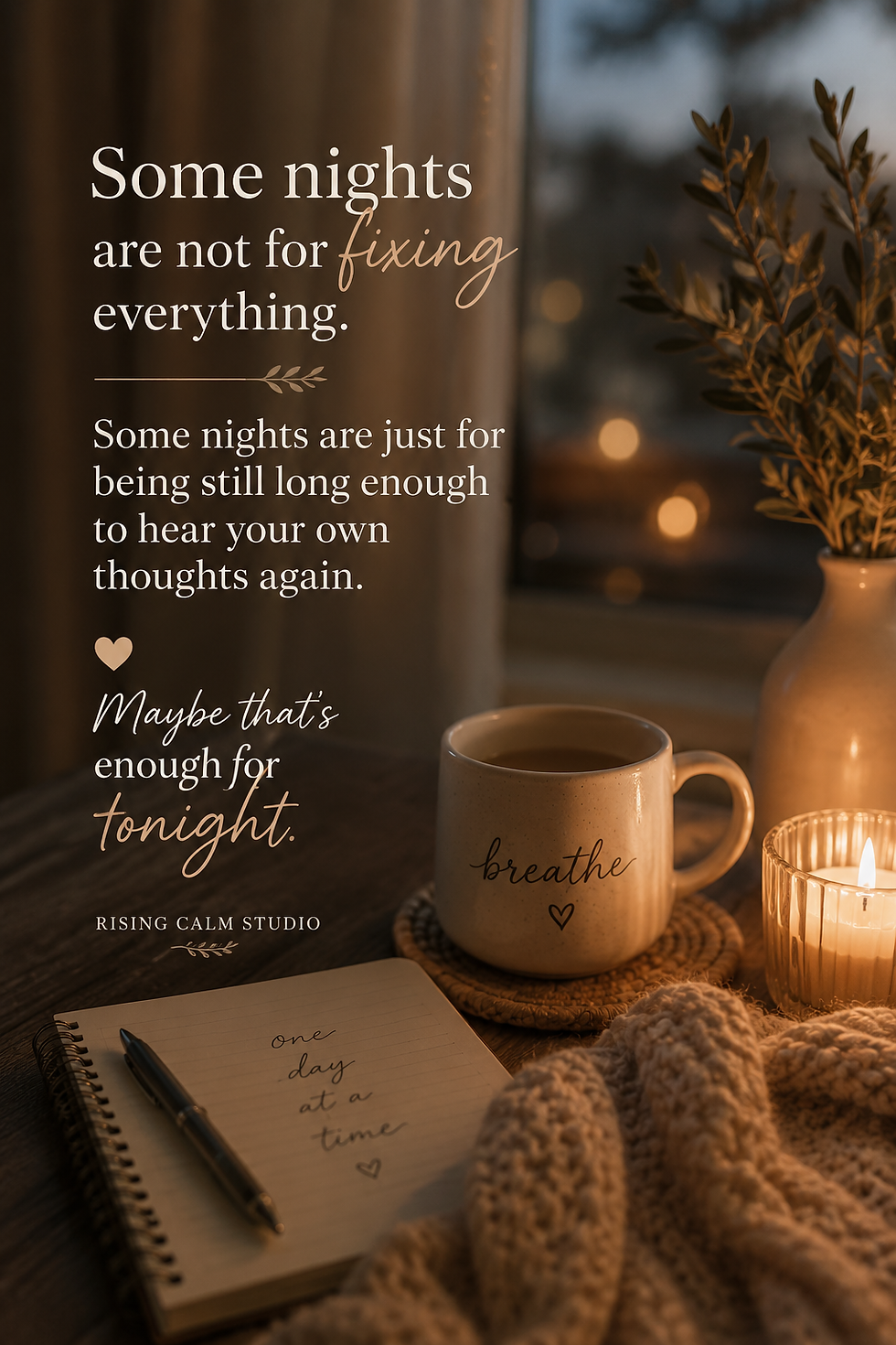 Warm softly lit evening scene with a candle, notebook, and coffee beside reflective text about rest, stillness, and not needing to fix everything at once.