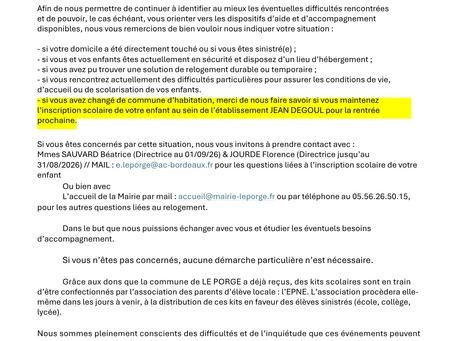 Accompagnement scolaire des familles sinistrées