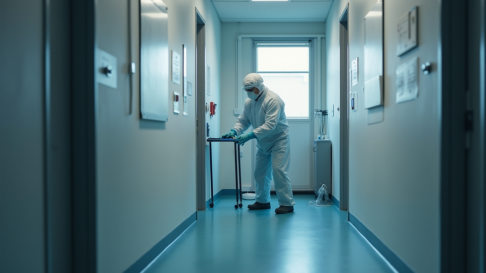 Eye-level view of a professional technician setting up containment barriers in a room