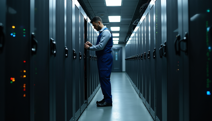 Eye-level view of a technician working on a server rack in a data center