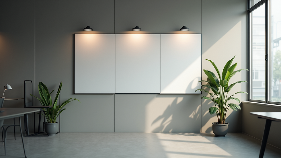 Eye-level view of a modern workspace with a brainstorming board