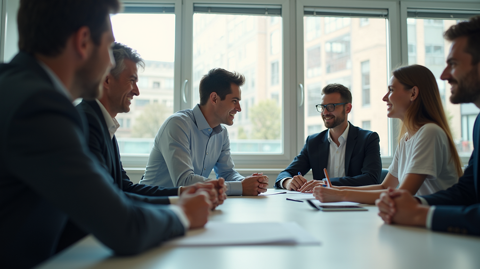 Eye-level view of a modern office meeting room with diverse team members around a table