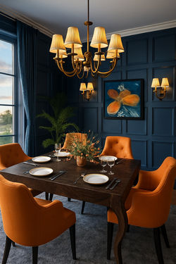 Navy blue and orange eclectic dining room interior