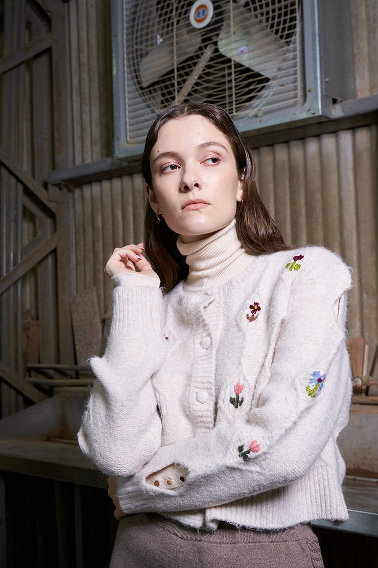 Thumbnail: Hollowed Knit Cardigan with Embroidery Flowers