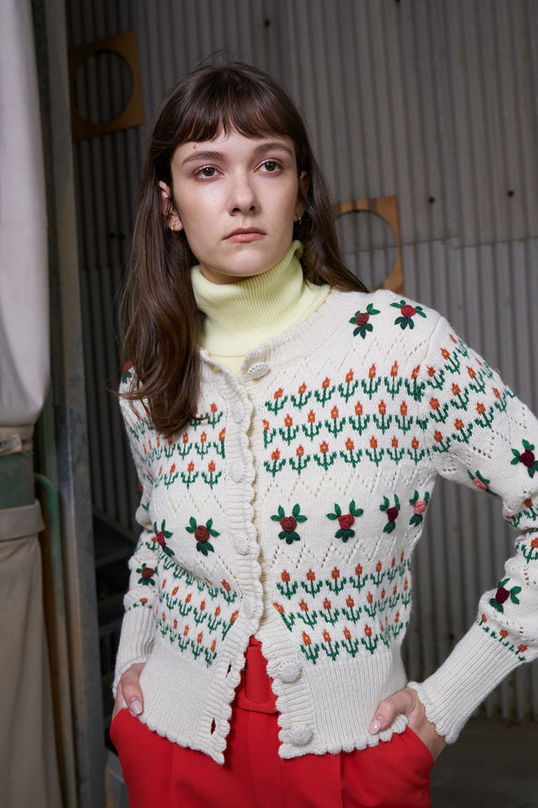 Thumbnail: Flower Jacquard Cardigan with French Knot Embroidery