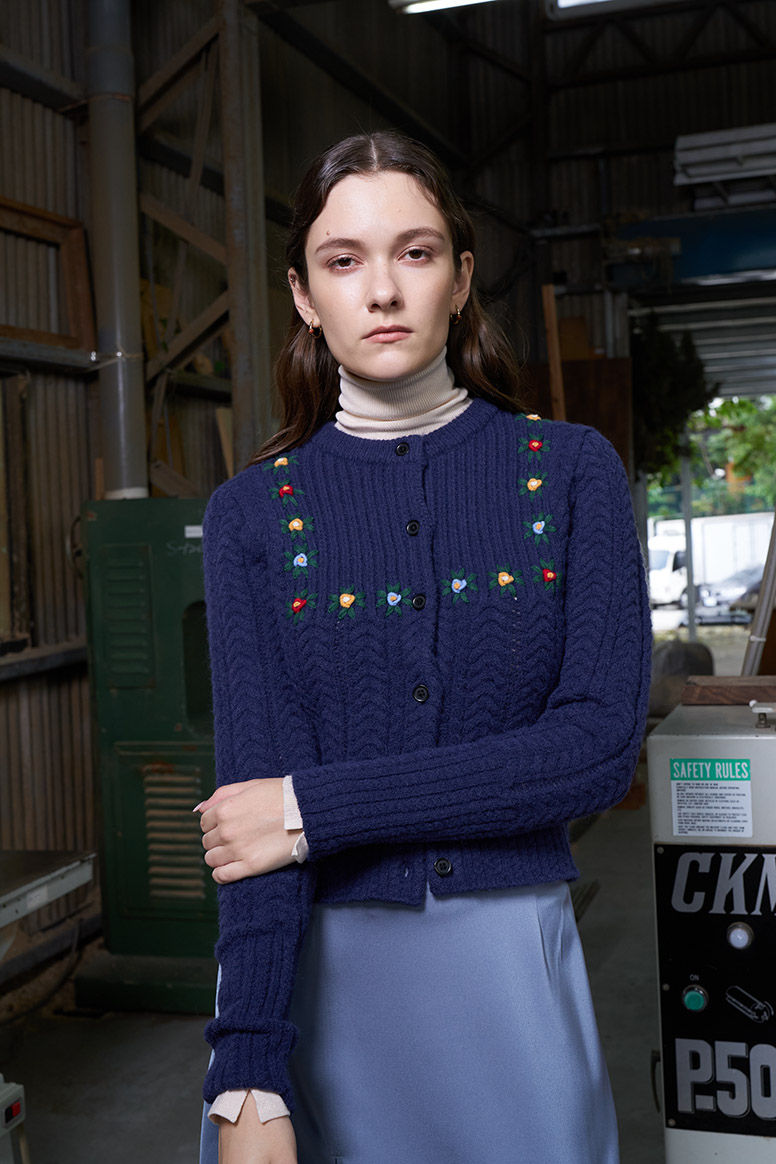 Thumbnail: Vintage Cable Knit Cardigan with Embroidery Flowers