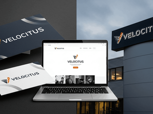 A professional company logo applied consistently across a website, business card, and physical sign.