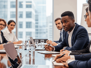 A productive young learner contributing ideas during a professional team meeting in a South African office.