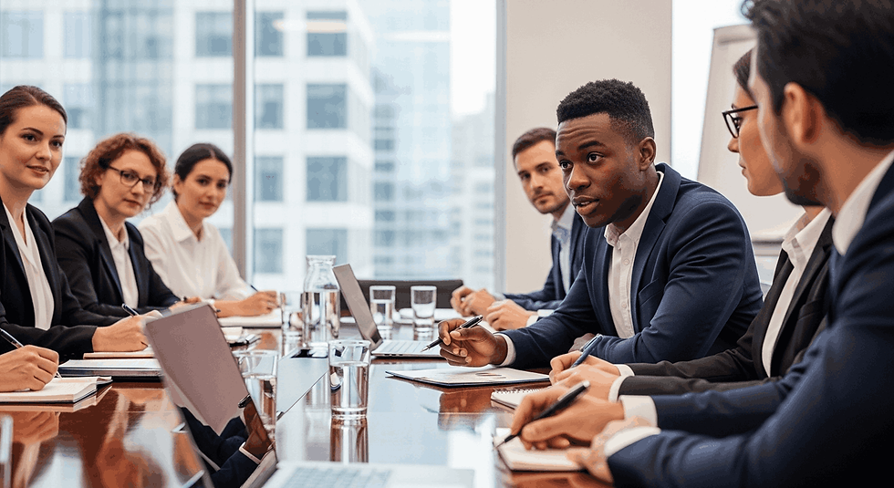 A productive young learner contributing ideas during a professional team meeting in a South African office.