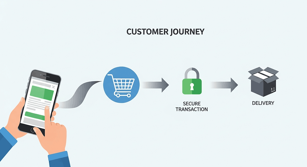 A graphic showing a seamless e-commerce customer journey on a mobile phone.