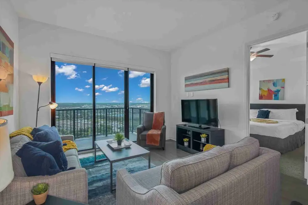 Furnished living room in unit 1806 at Vantage near MD Anderson