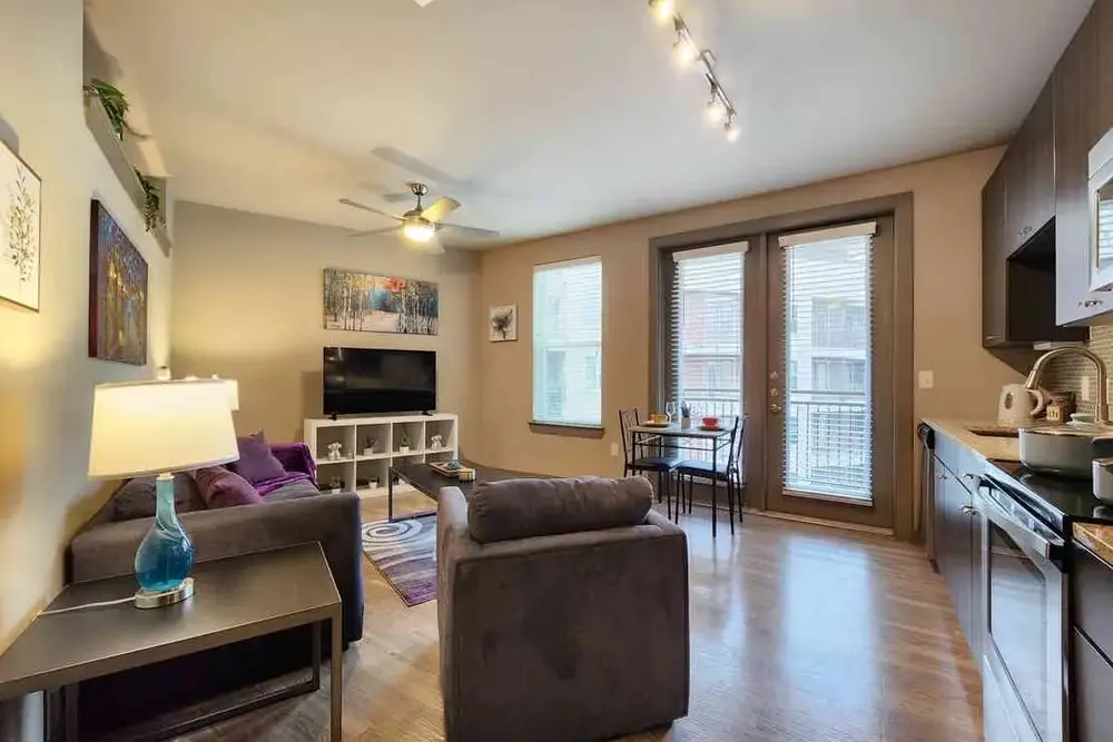 Furnished living room in unit 537 at Modera Flats, Houston Medical Center area