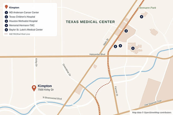 Map of Kimpton, 7500 Kirby Dr, Houston, and nearby Texas Medical Center hospitals including MD Anderson Cancer Center