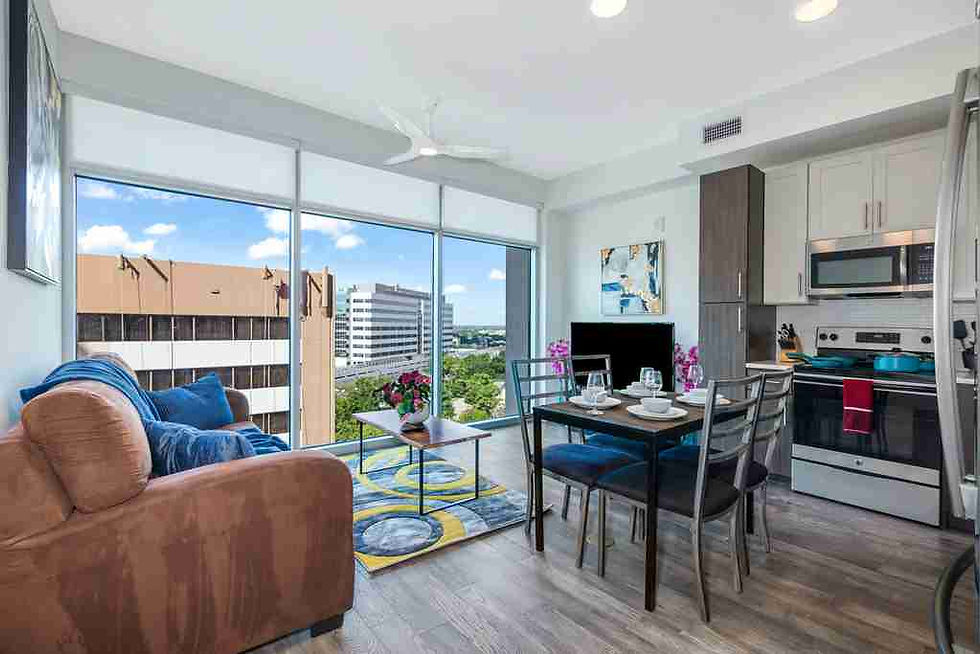 Furnished apartment living room with a full kitchen near the Texas Medical Center in Houston