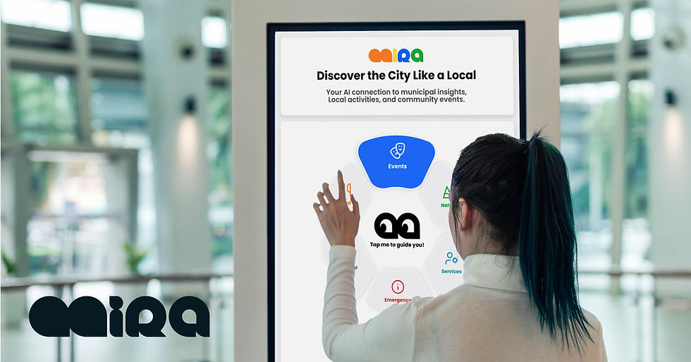 A person interacts with an info kiosk in a bright building. The screen displays "Discover the City Like a Local" and icons for events and services.