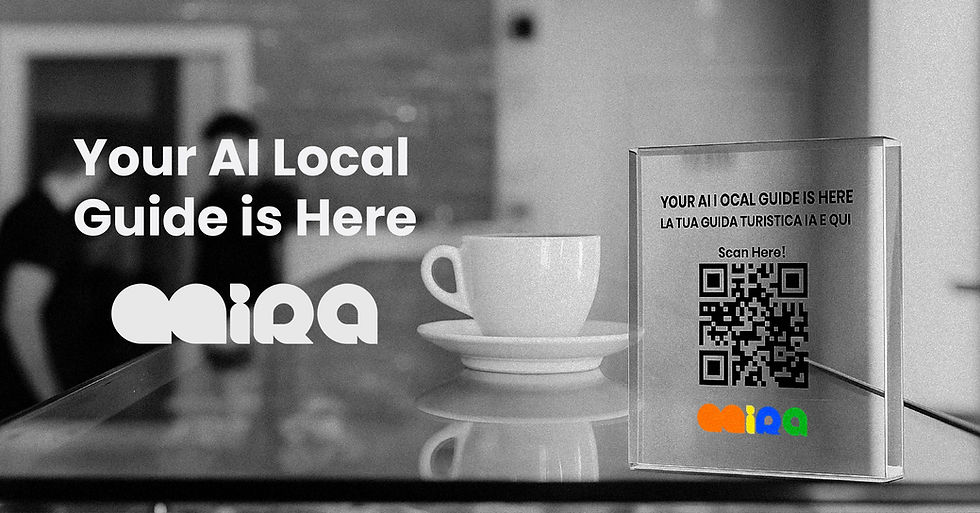 Cup and saucer on counter, QR code display reads "Your AI Local Guide is Here", blurred background, monochrome setting.