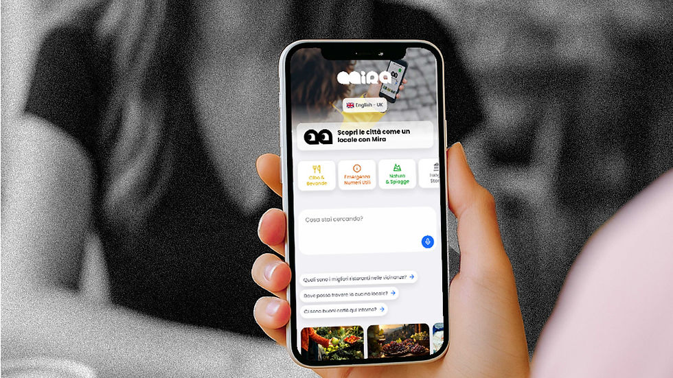A hand holds a smartphone displaying an app with options for food and locations in Italian. Background is blurred, showing a person with long hair.