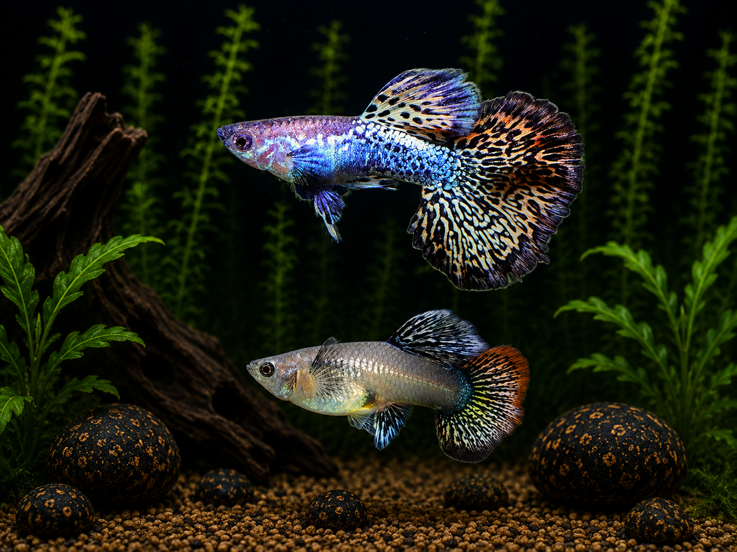 Two colorful Red Dragon guppies in a planted aquarium.