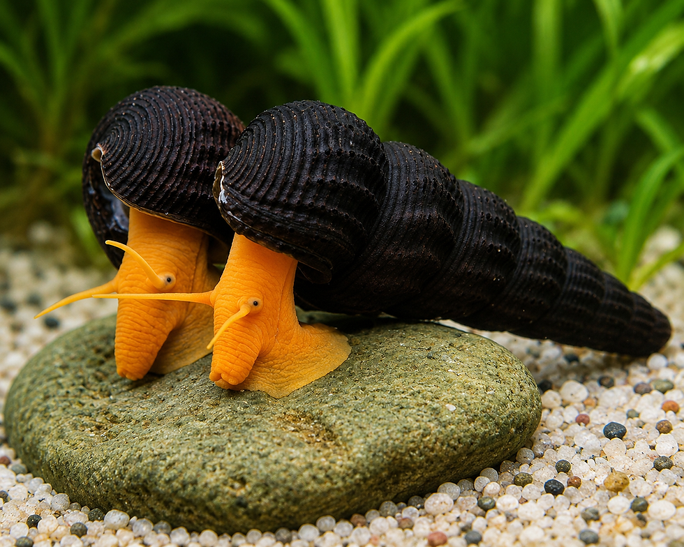 Two Orange Poso Rabbit Snails on a mossy rock.