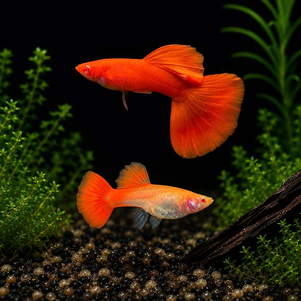 Albino Full Red guppies with large red ears swimming.
