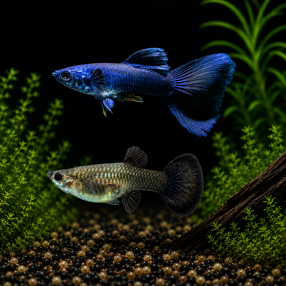 Blue Tarzan guppy pair swimming in a planted aquarium