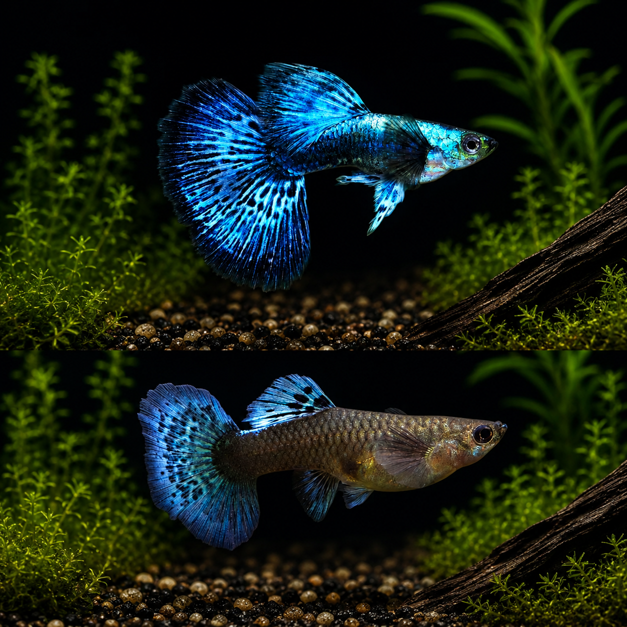 Blue Dragon Big Dorsal Halfmoon guppy pair in aquarium