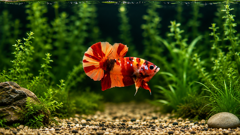 Pez Betta Koi Nemo con patrones naranjas, negros y celestes en primer plano