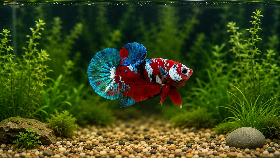 Pez Betta Koi Nemo con patrones naranjas, negros y celestes en primer plano