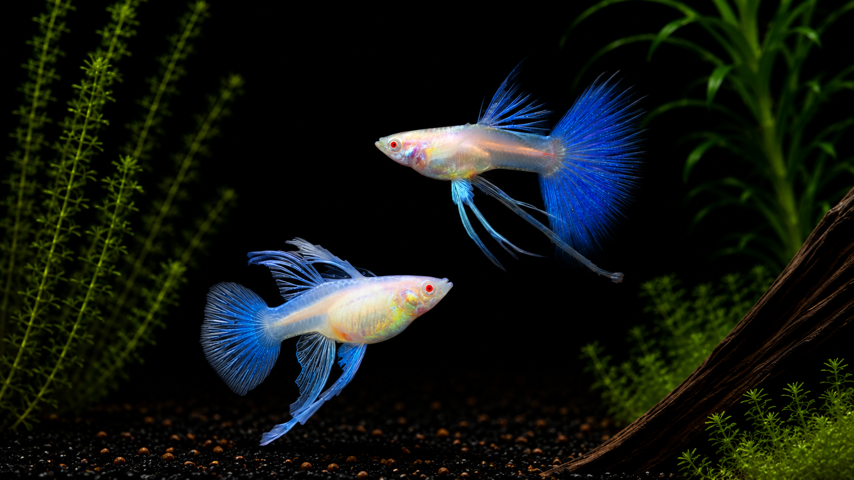 Two Albino Blue Topaz Ribbon guppies swimming in an aquarium.