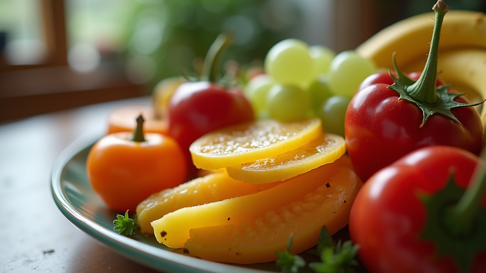 Close-up view of a colorful plate filled with fresh fruits and vegetables