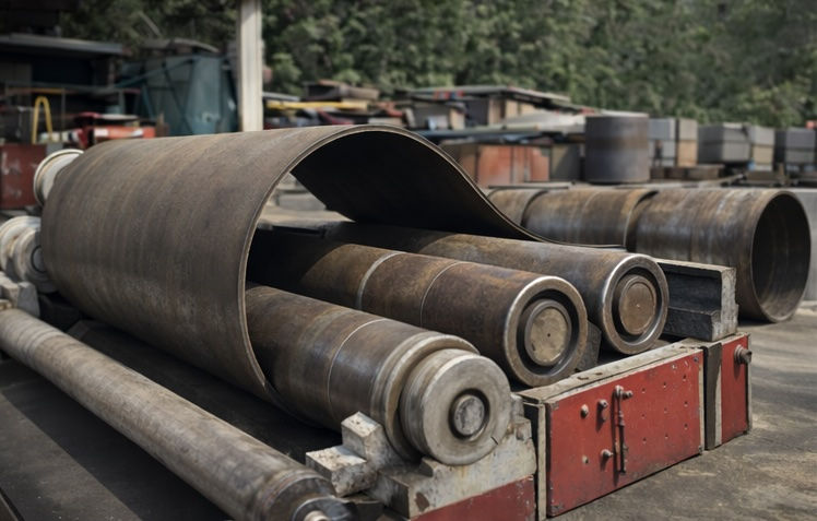 Cilindrado de plancha de acero en rodillos industriales en taller.
