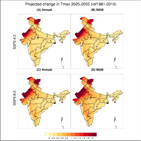 Projected increase in maximum temperatures under SSP2-4.5 and SSP5-8.5 scenarios Source: www.teriin.org