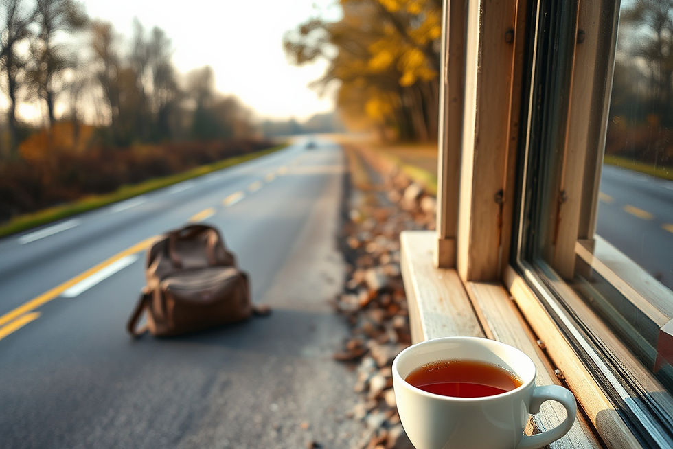 Empty road, packed bag, cup of tea by a window