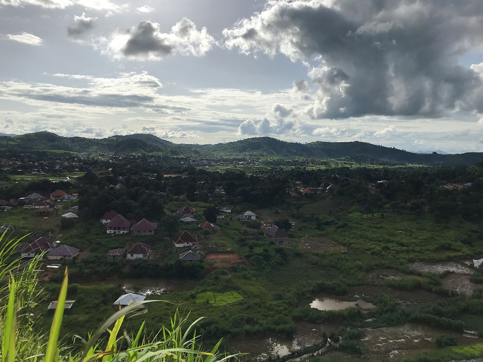 Scenic view of a lush valley with scattered houses under a dramatic cloudy sky.