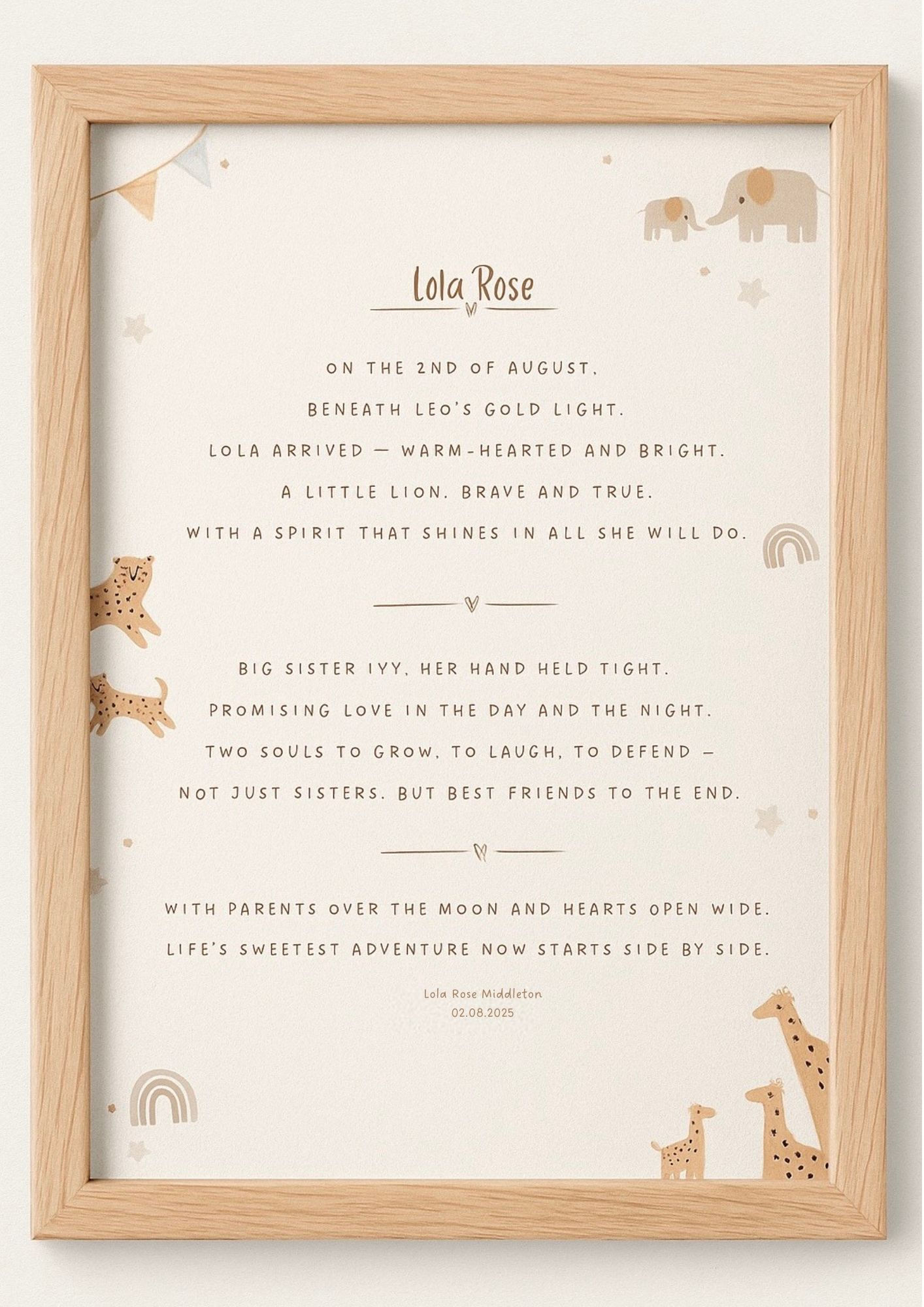 Personalised newborn baby poem example for a baby girl in an oak wooden frame
