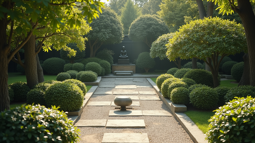 High angle view of a peaceful garden with a meditation spot